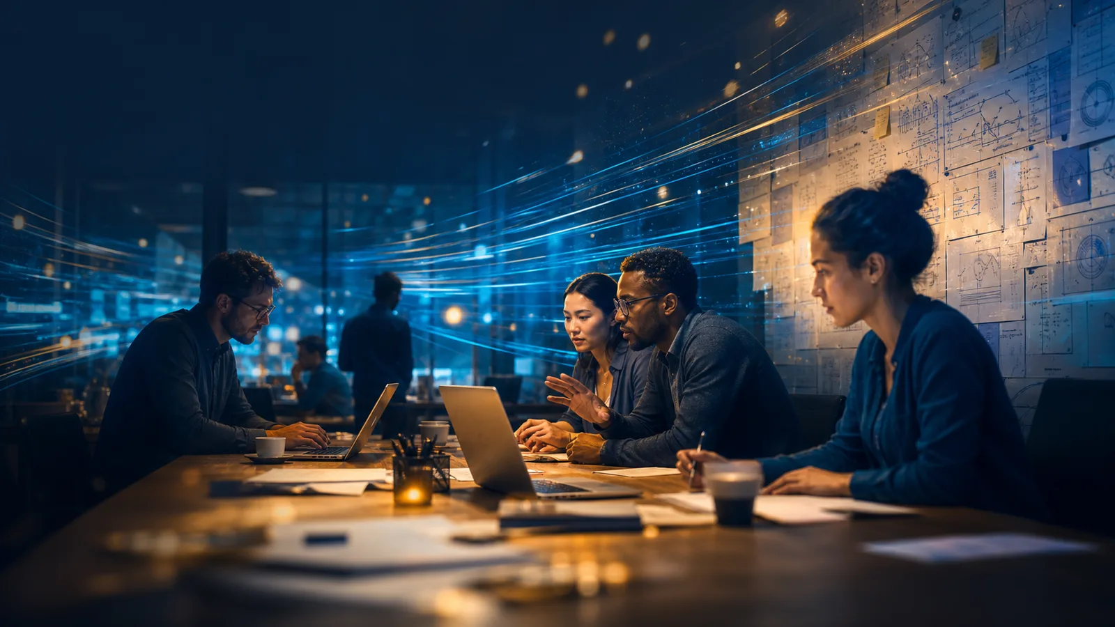 A workplace team working as data streams accelerate around them